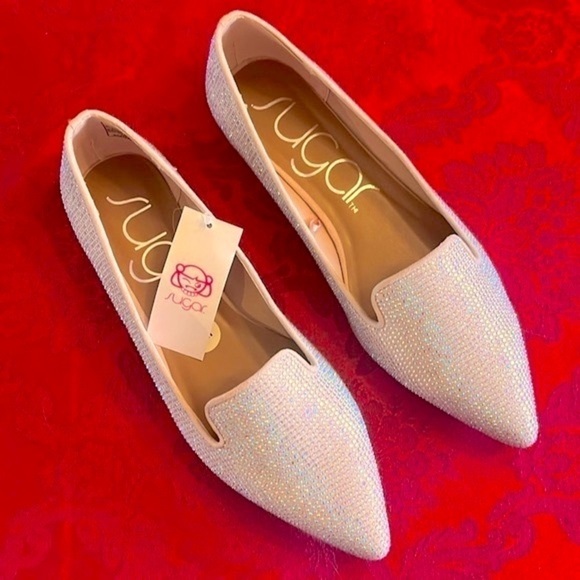 Brand New Sugar Iridescent Beaded Pointed Toe Slip On Flats Dressy Loafers - Picture 1 of 15
